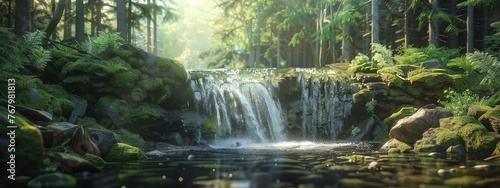 A serene, forest waterfall with crystal-clear water cascading down.