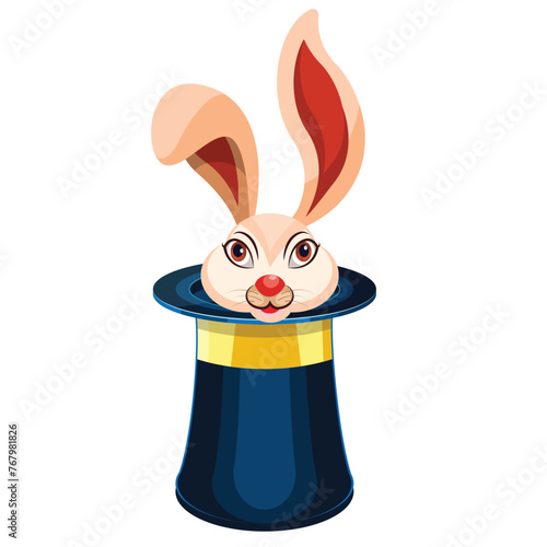 Vector illustration of a white rabbit peeking out of a magical hat
