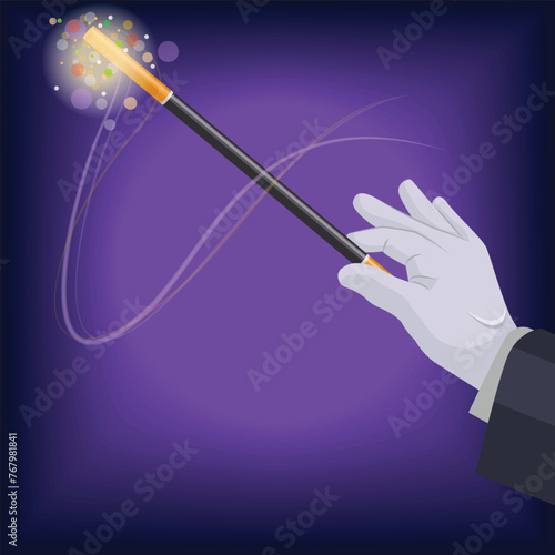 Magician holding a sparkling magic wand in one hand, isolated against a purple background