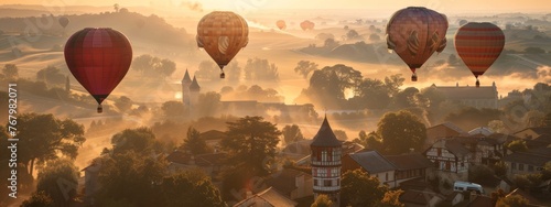 A serene morning where balloons lift an entire town into the sky.