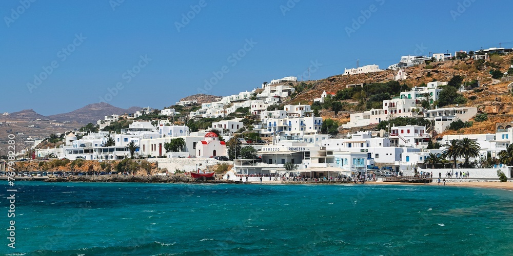 Scenic view of white coastal houses near the sea in Mykonos, Greece, Mediterranean