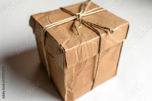 A brown cardboard box with a string tied around it