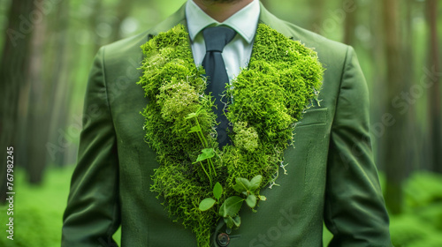 Demonstrating eco-consciousness in business, a forward-thinking entrepreneur wears a suit made of vibrant green moss