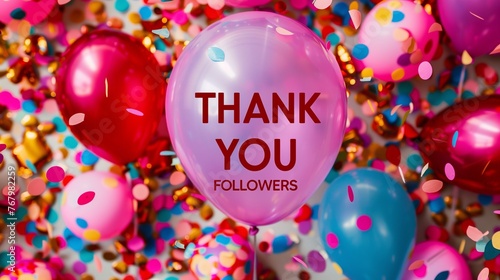 THANK YOU FOLLOWERS text with balloons and confetti background photo
