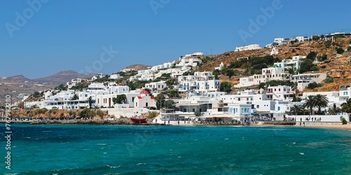 Scenic view of white coastal houses near the sea in Mykonos, Greece, Mediterranean