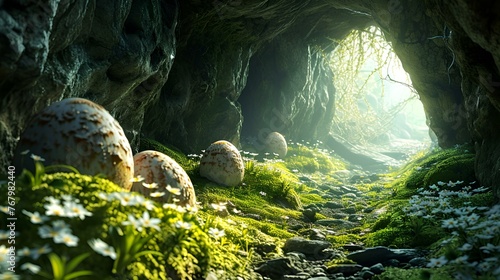 Moss and ferns growing on the floor of a sunlit cave entrance 