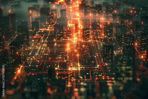 Aerial view of a digital city with highspeed information power grid showcasing smart society and IoT network. Concept Digital City, Aerial View, Highspeed Information, Smart Society, IoT Network