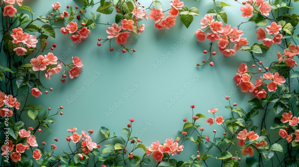 Floral frame with pink flowers, green leaves on a blue background