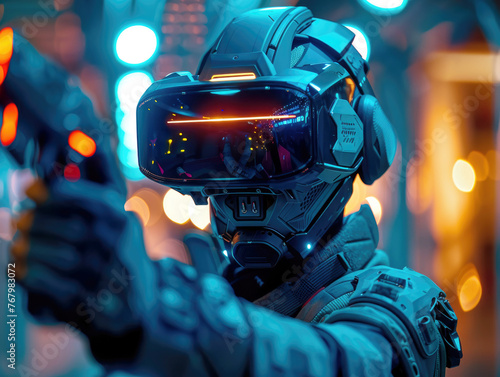 Virtual reality gaming battle, player with VR headset and motion controllers, Cyber Soldier in VR Armor with Futuristic Weapons 