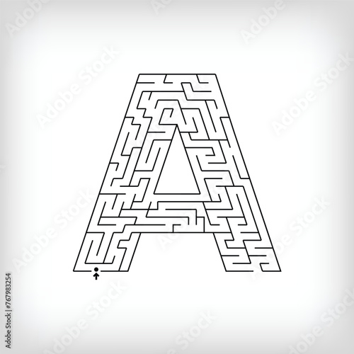 Unique linear letter A maze puzzle. Confusing game and educational activity set.