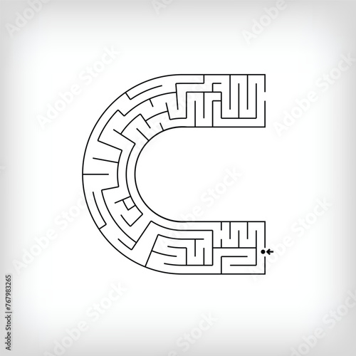 Unique linear letter C maze puzzle. Confusing game and educational activity set.