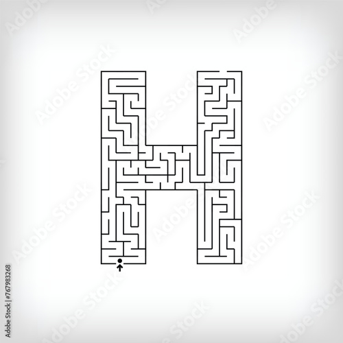 Unique linear letter H maze puzzle. Confusing game and educational activity set.