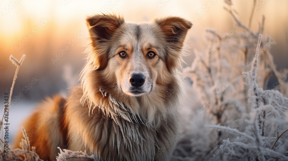 A dog with a brown and white coat is standing in the snow A dog with a brown and white coat is standing in the snow