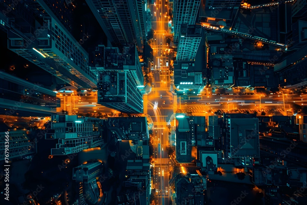 Smart Society and IoT Network: Aerial View of a Digital City with High-Speed Information Power Grid. Concept Smart Society, IoT Network, Digital City, Aerial View, High-Speed Information Power Grid