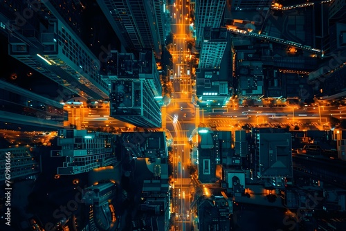 Smart Society and IoT Network: Aerial View of a Digital City with High-Speed Information Power Grid. Concept Smart Society, IoT Network, Digital City, Aerial View, High-Speed Information Power Grid