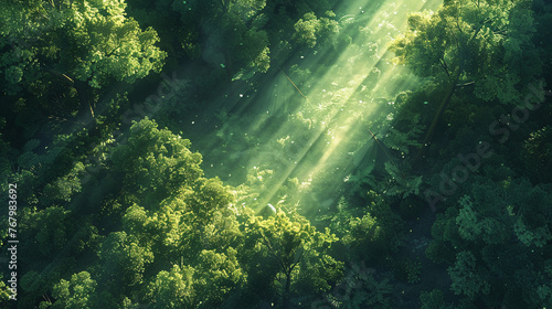 A concept art showing a top view of a cozy tent hidden under the canopy of an expansive green forest with rays of light filtering through the trees