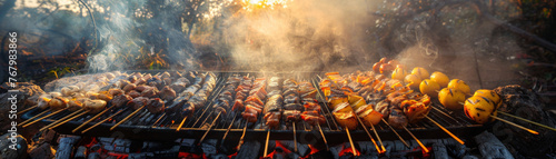 An array of skewers sizzling on a barbecue grill as the evening sun casts a warm glow.