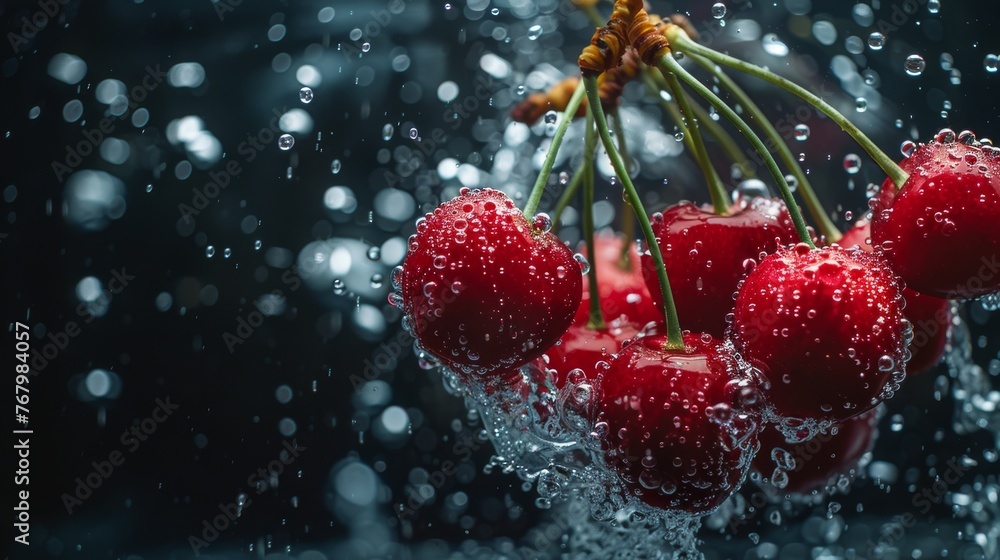 A Bunch Of Ripe Fresh Cherries Under Water Spray A Bunch Of Ripe Fresh Cherries Under Water Spray