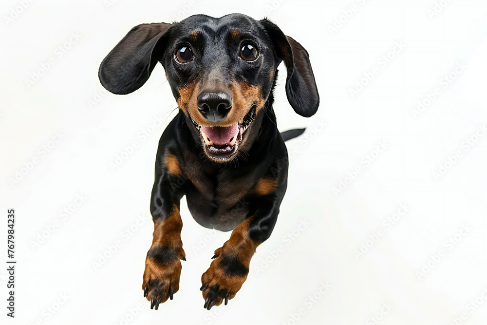 happy dog German haired dwarf Dachshund running front view with white background