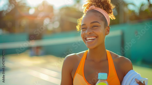 Smiling young woman in tennis attire enjoying a sunny day on the court, representing an active lifestyle. photo