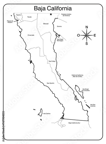 Map of Baja California in black and white, with names and political division of municipalities