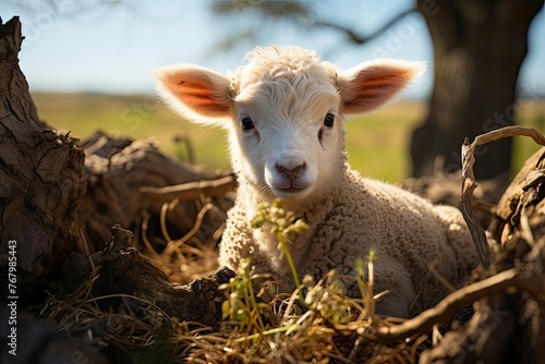 Newborn sheep is shyly approaching your mother., generative IA