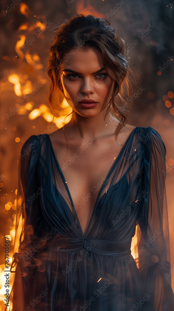 Woman in a dark sheer dress stands confidently amidst a fiery scene, creating a powerful, mystical atmosphere Woman in a dark sheer dress stands confidently amidst a fiery scene, creating a powerful, mystical atmosphere
