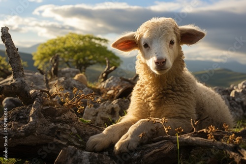 Curious sheep exploring stones and branches in the field., generative IA