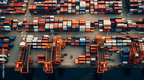 An overhead shot of a shipping yard with containers neatly arranged for transport.