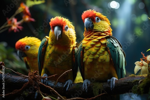 Colorful parrots interact in the lush jungle., generative IA