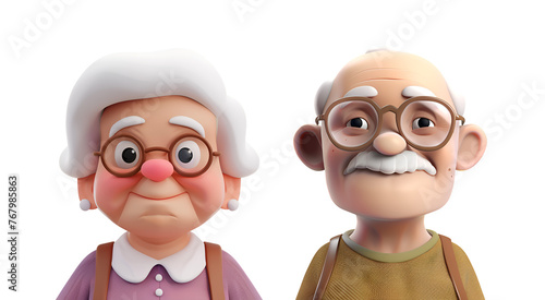 Grandma, Grandpa, Grandmother, Grandfather, Old Man, Old Woman: A Simple 3D Cartoon Render of Elderly Set, Isolated on Transparent Background, PNG