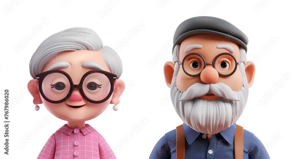 3D Cartoon Render of Elderly Figures: Grandmother, Grandpa, Old Woman, Old Man, Grandfather, Grandma, Isolated on Transparent Background, PNG