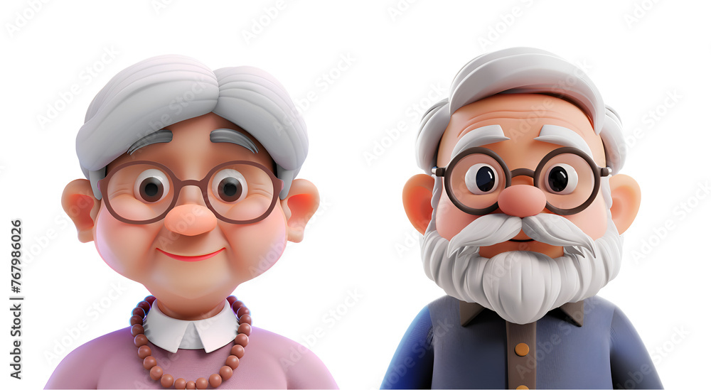 Obraz premium Set of Elderly Characters in Simple 3D Cartoon Render: Grandmother, Grandfather, Old Man, Old Woman, Grandma, Grandpa, Isolated on Transparent Background, PNG