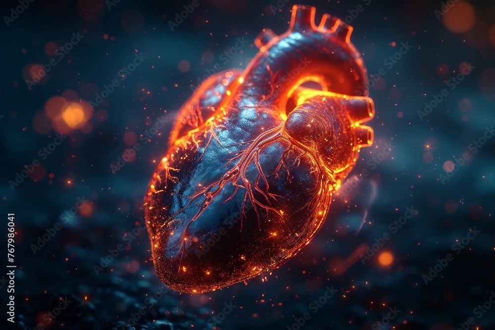  A futuristic 3D representation of targeted therapy for cardiac tumors, with advanced medical technology targeting tumor cells  - obrazy, fototapety, plakaty 