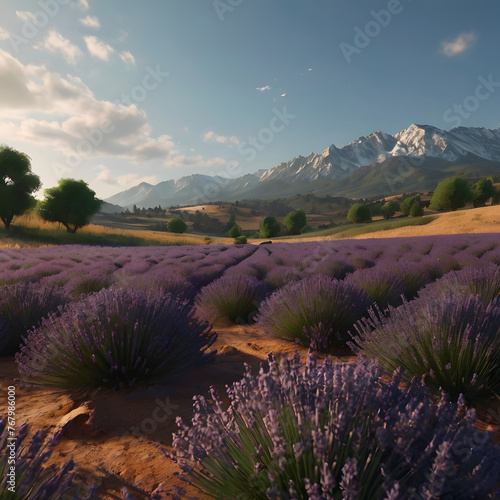 Serene lavender field against a backdrop of towering mountains.