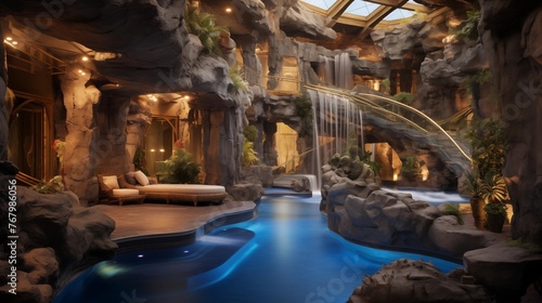 Jaw-dropping indoor grotto spa with waterfall heated pools  massage grottos  therapeutic jetted tubs and glass ceilings above