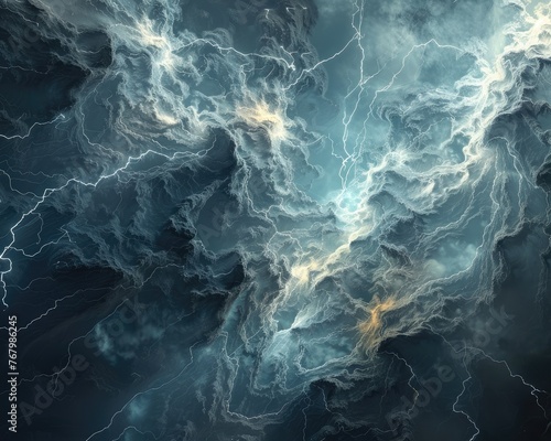 abstract 3D depiction of a thunderstorm with electric bolts and dark