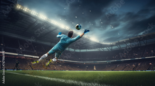 Player Diving to Make Save. Dynamic Action Shot with Spectators