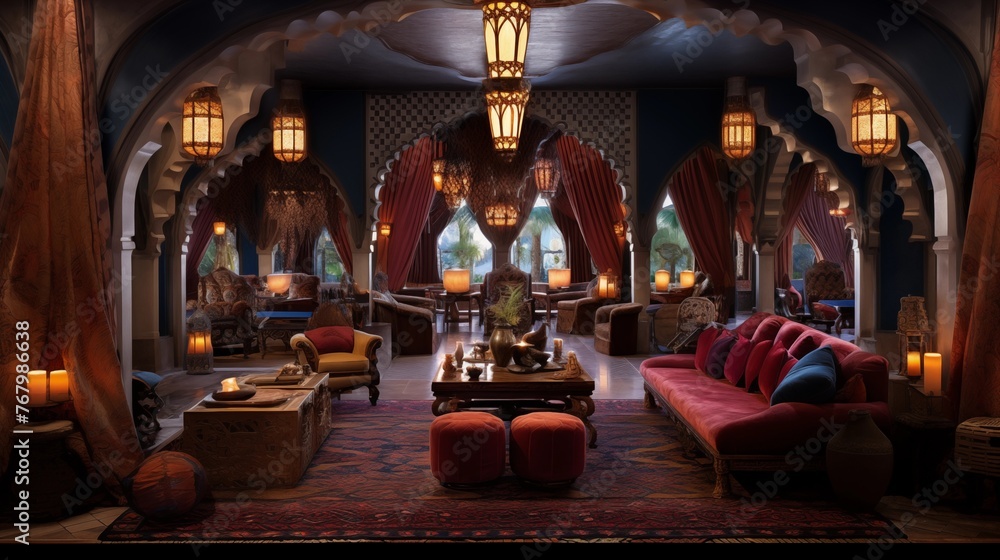 Jewel-toned Moroccan lounge with carved archways, plush seating, and ornate lantern lighting