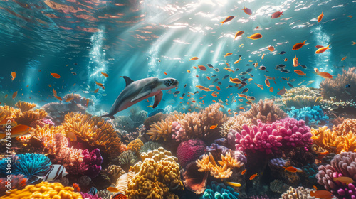 A majestic dolphin swims amongst colorful fish and corals in a sunlit underwater ecosystem.