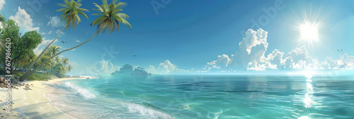 tropical beach with palm trees , coco palms and blue water sea on blue sky background, banner, poster, 