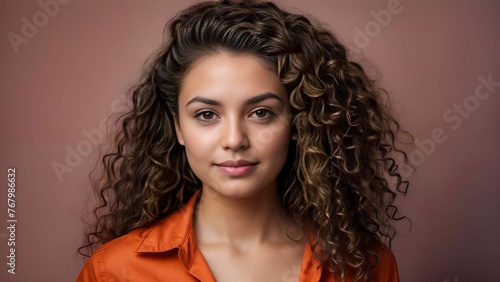 A woman with curly hair in an orange shirt up close