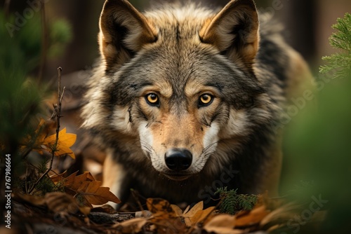 Iberian wolf exploring dense forest.  generative IA