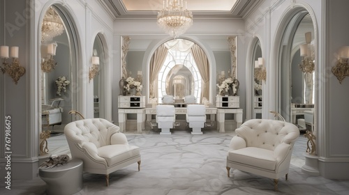 Lavish bridal dressing suite with vanity stations, lounge seating, and ornate mirrors