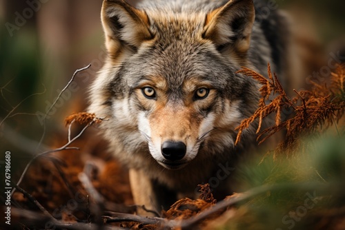 Iberian wolf exploring dense forest., generative IA