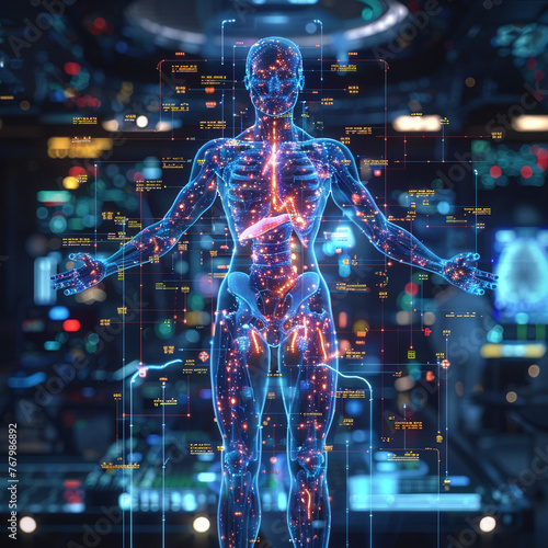A digital art piece showing a human body with highlighted cancer zones encircled by virtual reality interfaces and robotic surgical arms photo