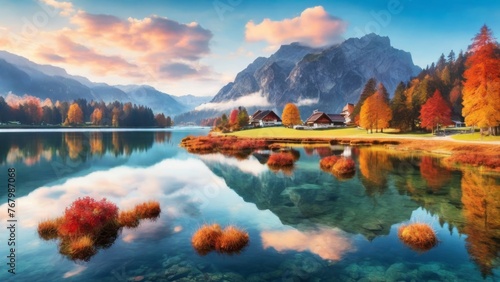 Experience the beauty of autumn at Hintersee lake, where vibrant colors paint a stunning morning view of the Bavarian Alps on the Austrian border in Germany, Europe. This picturesque scene embodies photo
