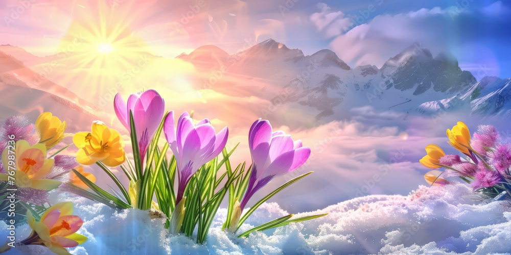 crocuses in various colors are blossoming on the snowcovered ground with a blue sky and sun rays. purple, pink, and yellow flowers on snowy landscape, winter flower themes, banner