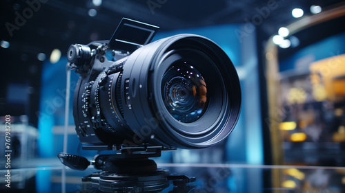 A high-definition camera lens trained on a digital display, recording an interview in a TV studio, with subtle hints of mass media and technology blending seamlessly in the blurry backdrop photo