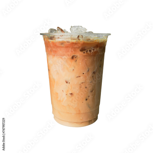 Iced latte coffee on cup isolated white background